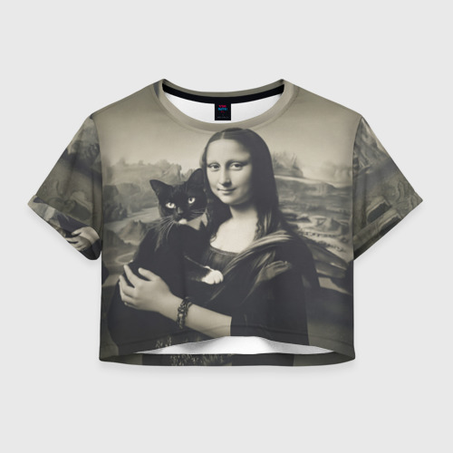 Женская футболка Crop-top 3D Мона Лиза держит кота в черно белом цвете, цвет 3D печать