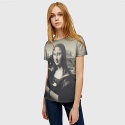 Женская футболка 3D Мона Лиза держит кота в черно белом цвете - фото 2