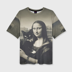 Женская футболка oversize 3D Мона Лиза держит кота в черно белом цвете