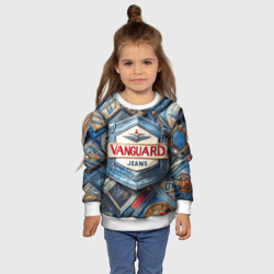 Свитшот с принтом Vanguard denim patchwork - ai art для ребенка, вид на модели спереди №4. Цвет основы: белый