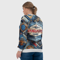 Свитшот с принтом Vanguard denim patchwork - ai art для женщины, вид на модели сзади №3. Цвет основы: белый