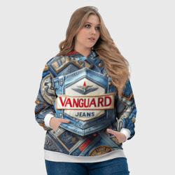 Толстовка с принтом Vanguard denim patchwork - ai art для женщины, вид на модели спереди №4. Цвет основы: белый
