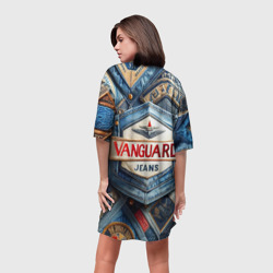 Платье с принтом Vanguard denim patchwork - ai art для женщины, вид на модели сзади №2. Цвет основы: белый