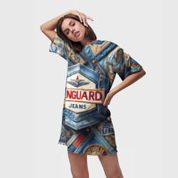 Платье с принтом Vanguard denim patchwork - ai art для женщины, вид на модели спереди №2. Цвет основы: белый
