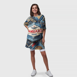 Платье с принтом Vanguard denim patchwork - ai art для женщины, вид на модели спереди №3. Цвет основы: белый