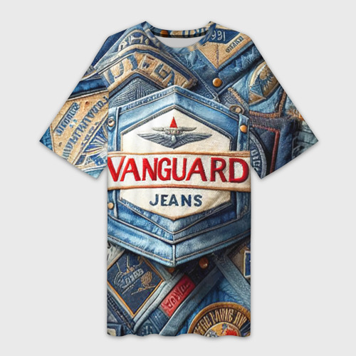 Платье-футболка с принтом Vanguard denim patchwork - ai art, вид спереди №1