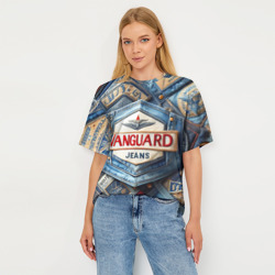 Футболка с принтом Vanguard denim patchwork - ai art для женщины, вид на модели спереди №3. Цвет основы: белый