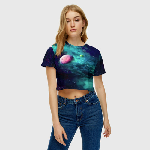 Женская футболка Crop-top 3D Green outer space, цвет 3D печать - фото 3