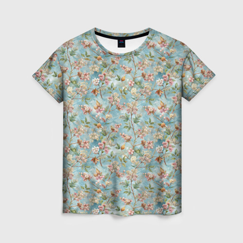 Женская футболка с принтом Сирень и цветочки, вид спереди №1
