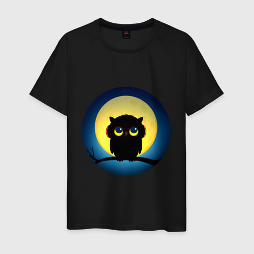 Мужская футболка хлопок Совенок в наушниках на фоне луны, цвет черный
