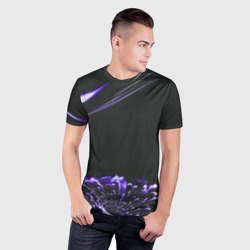 Футболка с принтом Неоновый фиолетовый цветок в темноте для мужчины, вид на модели спереди №2. Цвет основы: белый