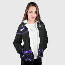 Куртка с принтом Неоновый фиолетовый цветок в темноте для женщины, вид на модели спереди №3. Цвет основы: белый
