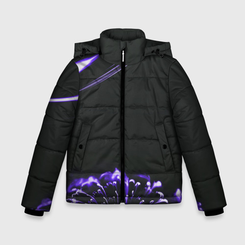 Зимняя куртка для мальчиков с принтом Неоновый фиолетовый цветок в темноте, вид спереди №1