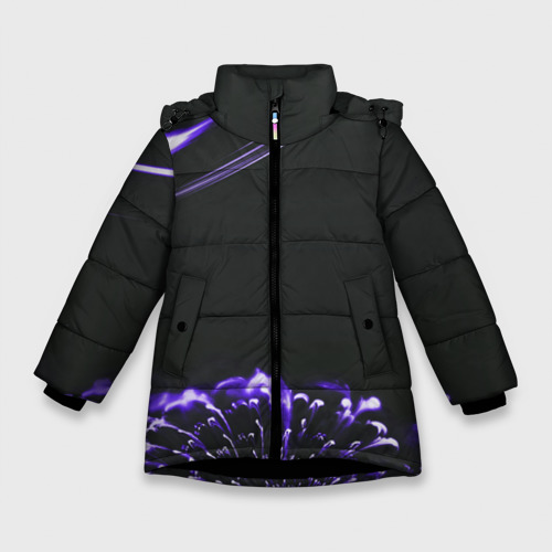 Зимняя куртка для девочек с принтом Неоновый фиолетовый цветок в темноте, вид спереди №1
