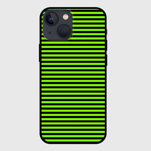 Чехол для iPhone 13 mini с принтом Кислотный зелёный в чёрную полоску, вид спереди №1