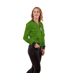 Бомбер с принтом Кислотный зелёный в чёрную полоску для женщины, вид на модели спереди №3. Цвет основы: черный