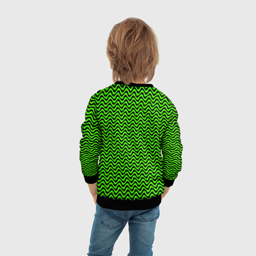 Детский свитшот 3D с принтом Искажённые полосы кислотный зелёный, вид сзади #2