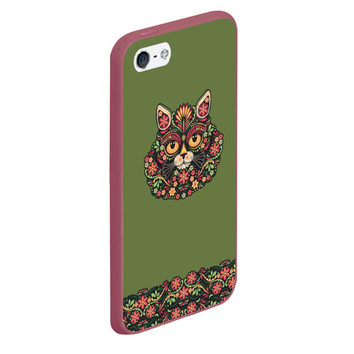Чехол для iPhone 5/5S матовый Котик с орнаментом в этно стиле, цвет малиновый - фото 3