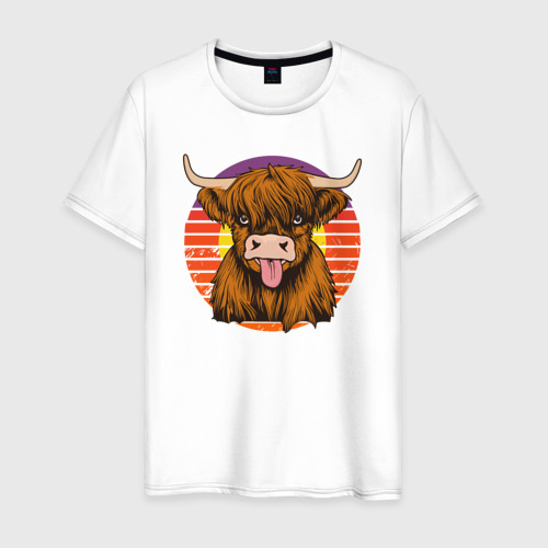 Мужская футболка из хлопка с принтом Милый бык с высунутым языком, вид спереди №1