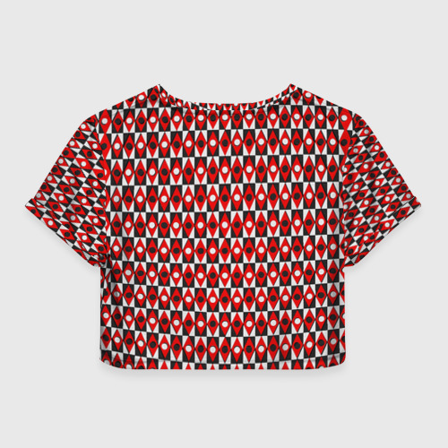 Женская футболка Crop-top 3D Чёрно-белые ромбы и круги на красном фоне, цвет 3D печать - фото 2