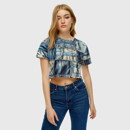 Женская футболка Crop-top 3D Patchwork denim - vogue, цвет 3D печать - фото 3