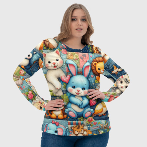 Женский лонгслив 3D Funny hare and his friends - patchwork, цвет 3D печать - фото 6