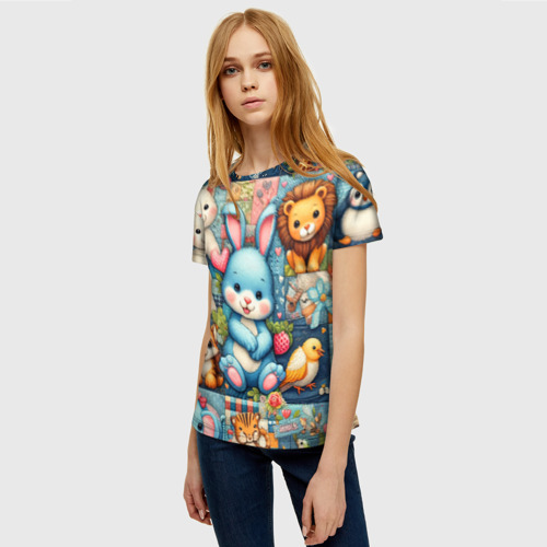 Женская футболка 3D Funny hare and his friends - patchwork, цвет 3D печать - фото 3