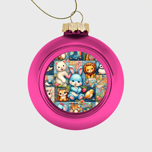 Стеклянный ёлочный шар Funny hare and his friends - patchwork, цвет розовый