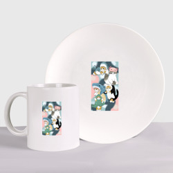 Набор: тарелка + кружка Котики и зверята милые стикер-мемы