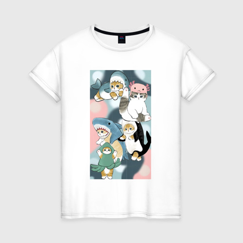 Женская футболка из хлопка с принтом Котики и зверята милые стикер-мемы, вид спереди №1