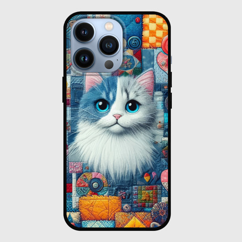 Чехол для iPhone 13 Pro с принтом Голубоглазый котёнок - пэчворк нейросеть, вид спереди №1