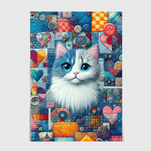 Постеры с принтом Голубоглазый котёнок - пэчворк нейросеть, вид спереди №1