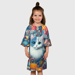 Платье с принтом Голубоглазый котёнок - пэчворк нейросеть для ребенка, вид на модели спереди №3. Цвет основы: белый