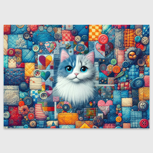 Поздравительная открытка с принтом Голубоглазый котёнок - пэчворк нейросеть, вид спереди №1