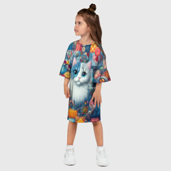 Платье с принтом Голубоглазый котёнок - пэчворк нейросеть для ребенка, вид на модели спереди №2. Цвет основы: белый