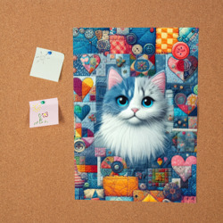 Постер с принтом Голубоглазый котёнок - пэчворк нейросеть для любого человека, вид спереди №2. Цвет основы: белый