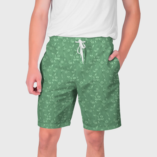Мужские шорты с принтом Яркий зеленый однотонный цветочный узор, вид спереди №1