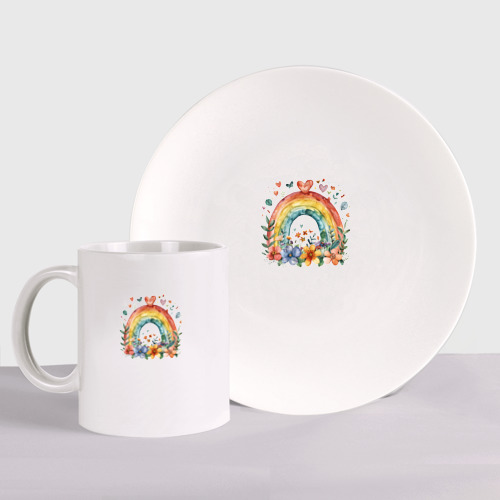 Набор: тарелка + кружка с принтом Цветочная радуга, вид спереди №1