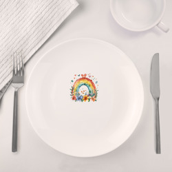 Набор: тарелка кружка с принтом Цветочная радуга для любого человека, вид спереди №4. Цвет основы: белый