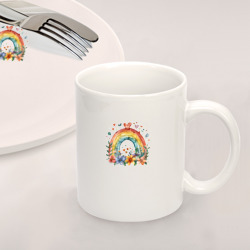 Набор: тарелка кружка с принтом Цветочная радуга для любого человека, вид спереди №2. Цвет основы: белый