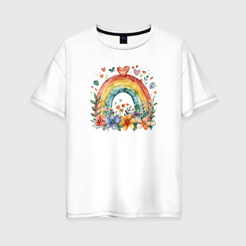 Женская футболка из хлопка оверсайз с принтом Цветочная радуга, вид спереди №1