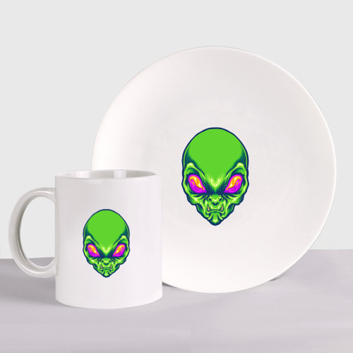 Набор: тарелка + кружка с принтом Голова зелёного пришельца, вид спереди №1