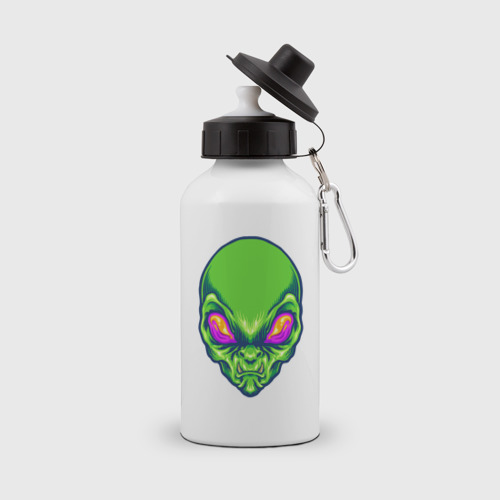 Бутылка спортивная с принтом Голова зелёного пришельца, вид спереди №1