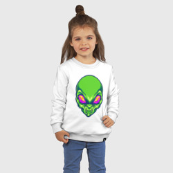 Свитшот с принтом Голова зелёного пришельца для ребенка, вид на модели спереди №2. Цвет основы: белый