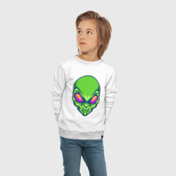 Свитшот с принтом Голова зелёного пришельца для ребенка, вид на модели спереди №3. Цвет основы: белый
