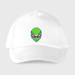 Бейсболка с принтом Голова зелёного пришельца для ребенка, вид спереди №2. Цвет основы: белый