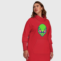 Платье с принтом Голова зелёного пришельца для женщины, вид на модели спереди №5. Цвет основы: красный