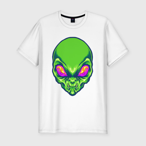 Мужская приталенная футболка из хлопка с принтом Голова зелёного пришельца, вид спереди №1