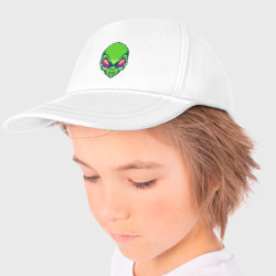 Бейсболка с принтом Голова зелёного пришельца для ребенка, вид на модели спереди №3. Цвет основы: белый