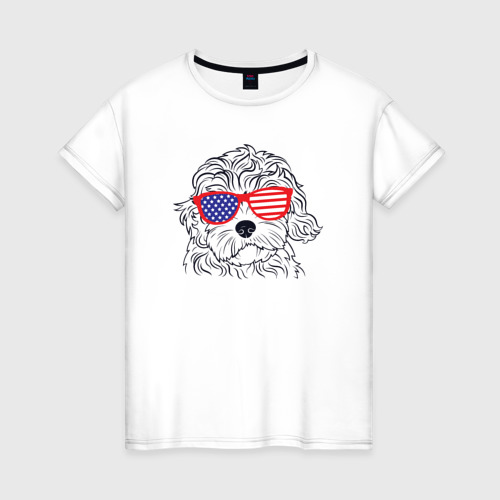 Женская футболка хлопок с принтом USA dog, вид спереди #2